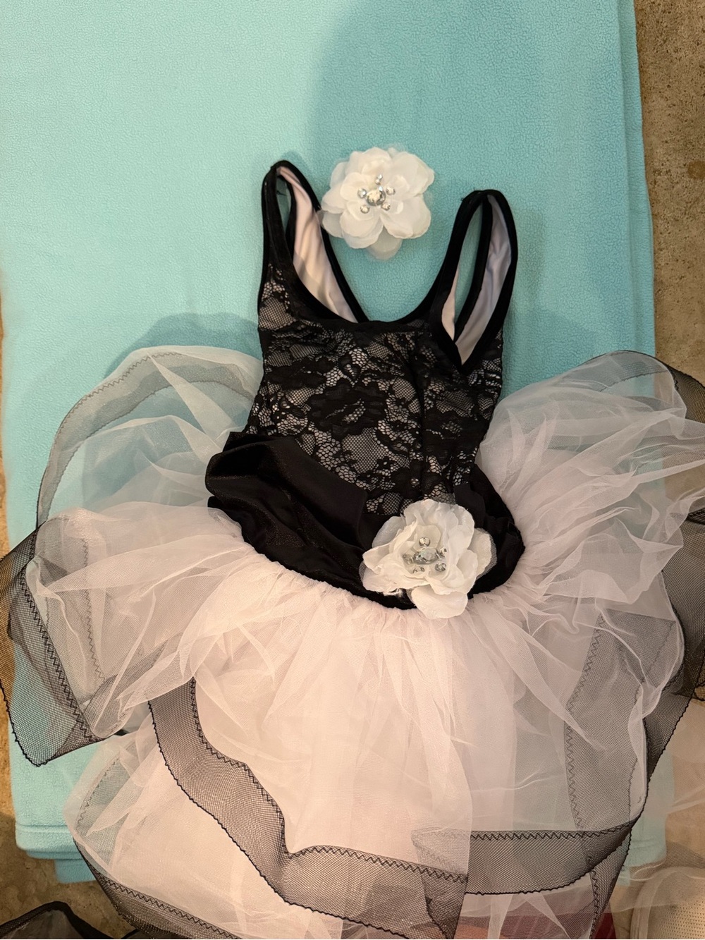 Kids Black Lace & White Tulle Ballet Dress with Flower Accents